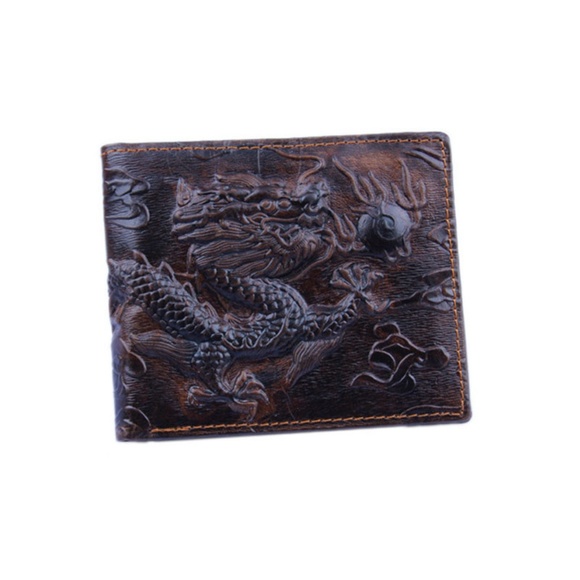 Dragon Engraved Genuine Leather Bifold Mens Wallet - Picture 6 of 8